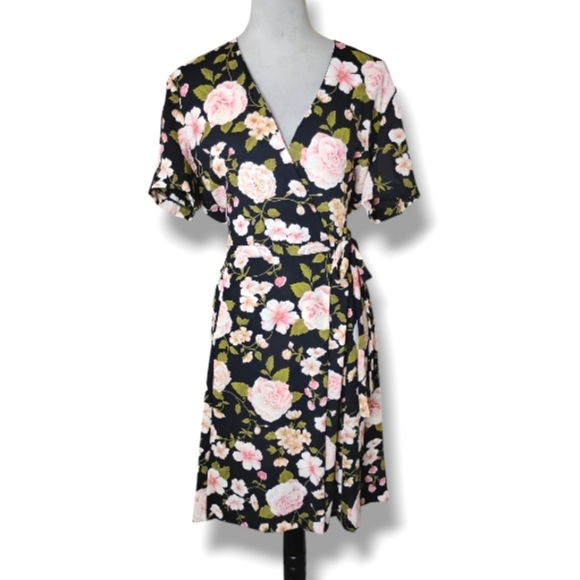 Liz Claiborne Floral Chiffon True Wrap Dress — Black/Pink — Size 10 - Picture 1 of 8